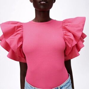 Zara Pink Puff Ruffle Sleeve Ribbed Bodysuit Large NWT Snap Closure Round Neck